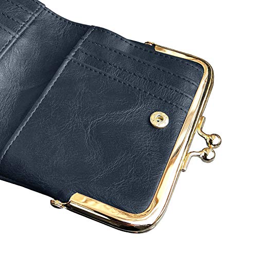 Image of AOXONEL Womens Wallet Small Rfid Ladies Compact Bifold Leather Vintage Coin Purse With Zipper and Kiss Lock, Blue, Small, Rfid Wallet