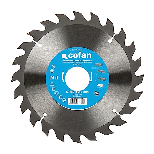 Cofan Hoja de sierra circular | Disco de corte para madera | 24 dientes | Adecuado para maderas laminadas, maderas duras y plásticos | Medidas: 180 x 30 mm