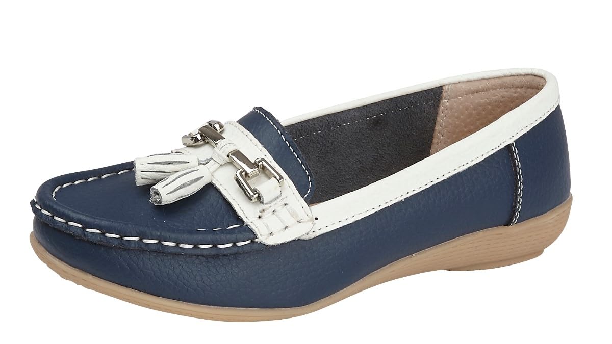 Nautical Ladies Leather Loafer Shoes, Tassel Flat, Women's Size 7.5-8, Flexible Rubber Grip Sole, Round Toe, Pull-On, 1 inches Heel, Cold Lining, Solid, Low Top, Comfort Wear, Party-image-28