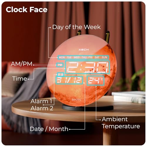 Image of Xech Alarm Clock for Heavy Sleepers | Dual Loud Alarm | USB-C Powered | Small LED Table Clock for Students | Home Decoration Items for Living Room | Gifts for Kids Man Woman | Solaris-X Neo (Mars)