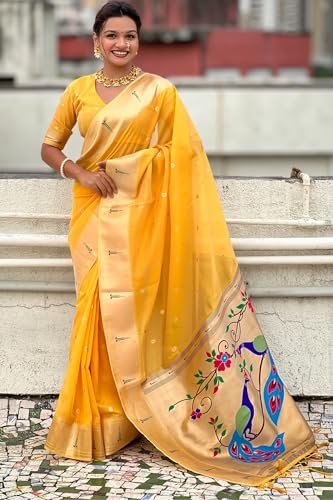 Image of SGF11 Women's Organza Kanjivaram Pure Soft Silk Handloom Saree Pure Golden Zari With Blouse Piece