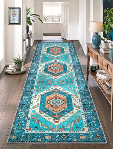 SERISSA Boho Washable Runner Rug, 2'6"x8' Rug Runner Non-Slip Vintage Blue Hallway Kitchen Runner Rug Ultra Soft Print Distressed Tribal Floor Carpet Runner for Bedroom Bathroom Laundry Room