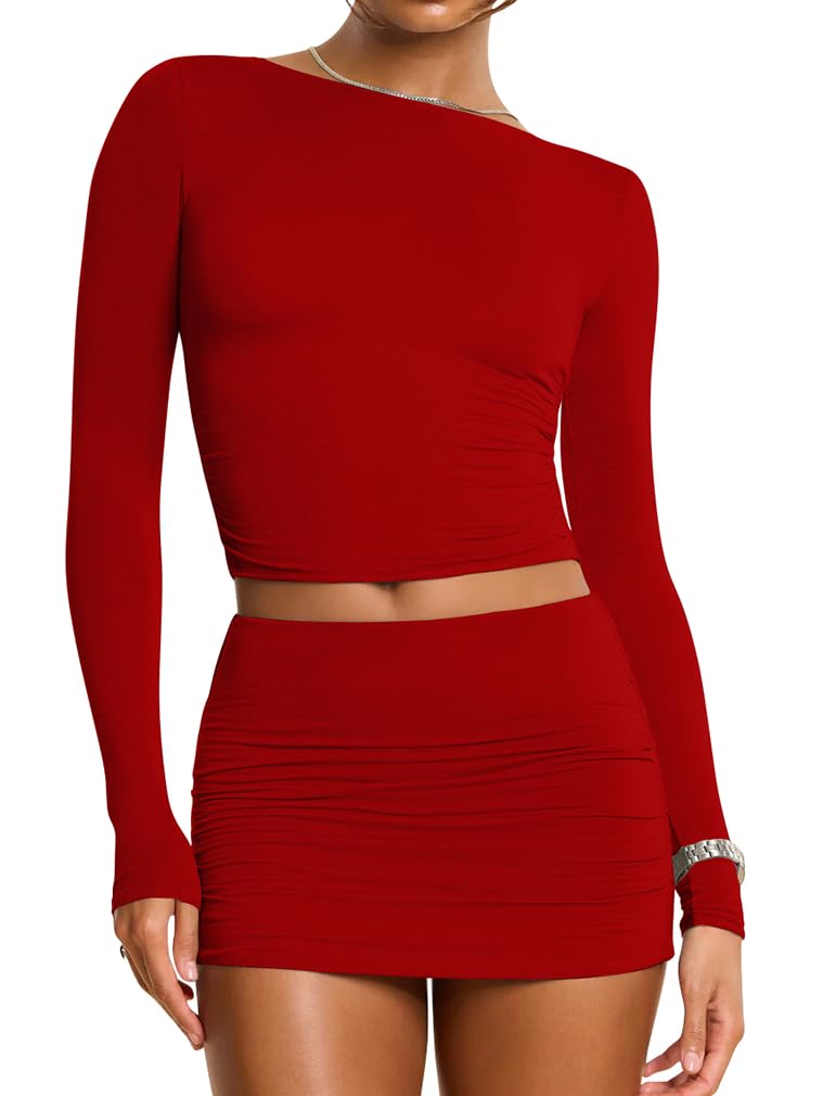 XXTAXNWomen's 2 Piece Outfits Long Sleeved Boat Neck Crop Tops Sexy Bodycon Mini Club Skirt Set Dress