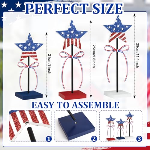 3 PCS 4th of July Table Decorations Wooden Star Set, Rustic Patriotic Decor, Red White and Blue Decorations for Home (Stripe) - Image 4
