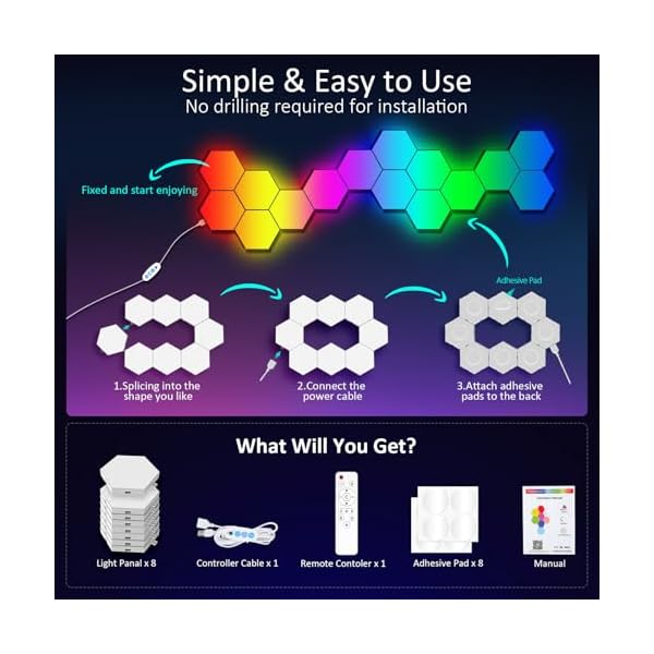 Kangtaixin Hexagon LED Wall Lights, 8-Pack RGB Gaming Panels – Hexagonal Smart Lighting with Music Sync – Perfect for Room Decor, Bar, Bedroom, and Gaming Setup [Energy Class F] - Image 9
