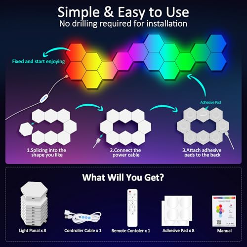 Image of Big Hexagon LED Light - 8 Pack Smart RGB Hexagon LED Panels Wall Lights with APP & Remote Control Cool Music Sync Gaming Lights for Living Room, Bedroom, Gaming Room, Kids, Adults