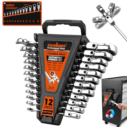 Image of HORUSDY 12-Piece Metric Flex-Head Ratcheting Wrench Set 8-22mm, CR-V Ratchet Combination Wrenches with 72T 180 Flex Head, Magnetic Holder & Tool Bag for Auto, Motorcycle, Home & Repair