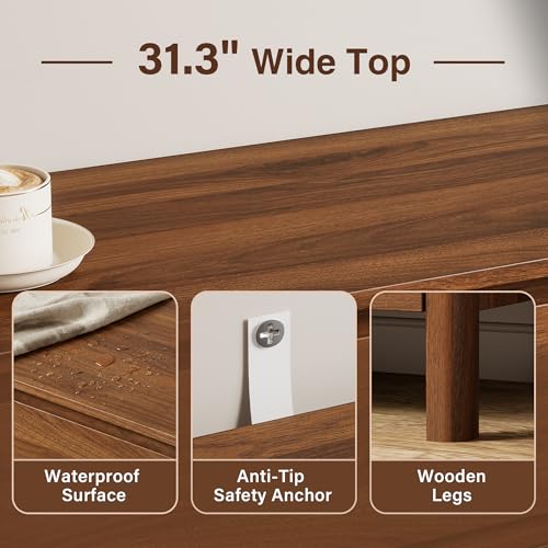 Image of Furniway Nightstands Set of 2, 31.5 inch Wide 3 Drawer Nightstand with Wood Legs, Mid-Century Modern Bedside Table with Storage, Wooden End Table for Bedroom, Walnut