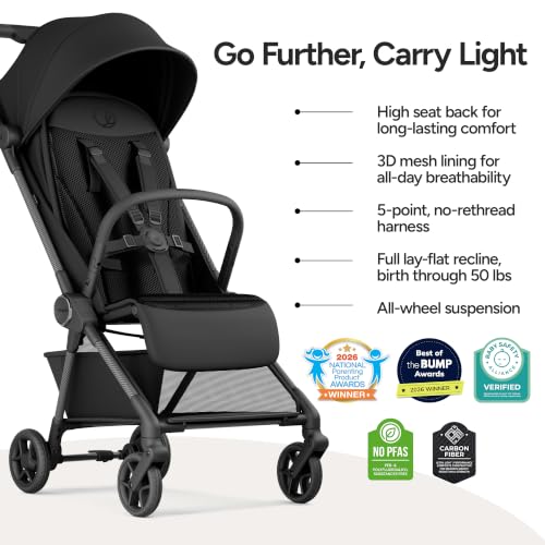 Image of Mompush Nexis Carbon Fiber Lightweight Travel Stroller, Carry-On, Black
