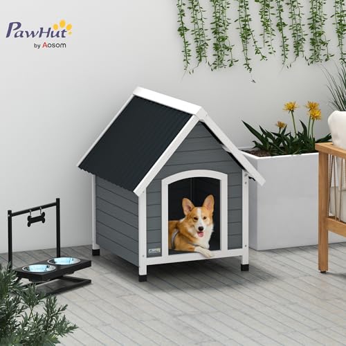 PawHut Hundehütte aus Holz Kleintierhaus mit Asphaltdach Outdoor Hundehöhle korrosionsbeständig Hundehaus mit herausnehmbarem Boden für mittelgroße Hunde 75 x 88 x 82 cm Grau
