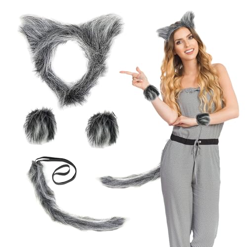 virkwuy Lot de 3 costumes de loup-garou, avec oreilles de loup, gants de loup-garou, queue de loup, convient pour le carnaval, Halloween, les fêtes à thème, les foires et le cosplay pour adultes et