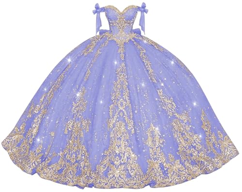 XYAYE Gorgeous Off Shoulder Quinceanera Dresses with Bow Puffy Gold Lace Sweet 16 Dress Beaded Vestidos de Quinceañeras