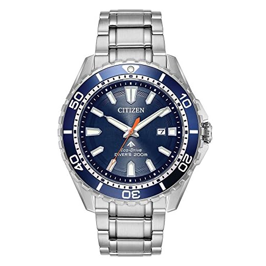 CITIZEN Men's Promaster Sea Eco-Drive Stainless Steel Watch, 3-Hand Date, One-Way Rotating Bezel, ISO Compliant, Luminous Hands and Markers, Blue Dial, 45mm (Model: BN0191-55L)