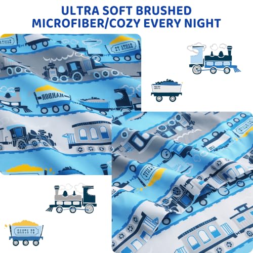 Image of Viviland 3 Pieces Boys Train Twin Sheet Set - Soft Microfiber Fitted Flat Sheets & Pillowcase Bed Sheet Set - Grey Blue Train Print Bedding Sets for Kids
