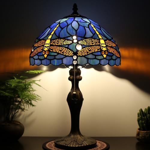 Image of Tiffany Table Lamp Stained Glass Reading Lamp Blue Dragonfly Style