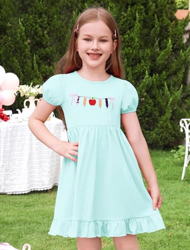 IMEKIS Toddler Kids Girls Back to School Dress Short Sleeve Embroidered Apple Pencil Kindergarten Outfit 3-8T2