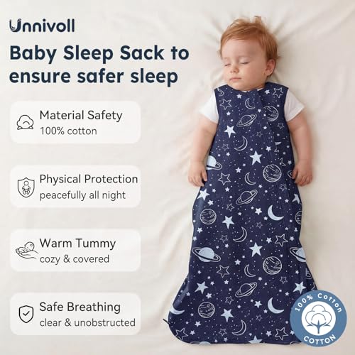 Image of Baby Sleep Sack 0-6 Months 0.5 Tog Baby Wearable Blanket 100% Cotton Sleeping Sack with 2-Way Zipper for Newborn Infant Dark Blue Planet