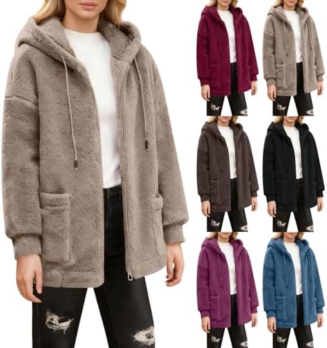 Teddy Coat For Women Fuzzy Fluffy Faux Shearling Jacket Hooded Zip Up Plus Size Warm Soft Winter Coats