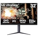 LG 32' Ultragear QHD (2560x1440) Gaming Monitor, 180Hz, 1ms, IPS, DisplayHDR 400, NVIDIA G-SYNC Compatible, AMD FreeSync, VESA Adaptive Sync, HDR10, Tilt/Height/Pivot Stand, HDMI, DisplayPort, Black