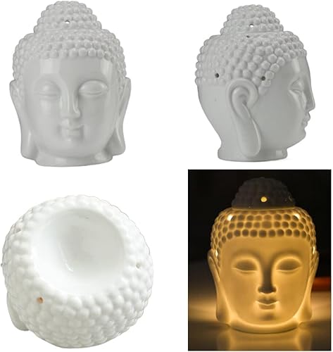 Miniatura 7 de Quemador de aceite esencial de cabeza de Buda de cerámica con cuchara de vela para yoga, spa, dormitorio, decoración del hogar, quemadores de cera