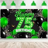 Happy 75th Birthday Green and Black Banner Backdrop Cheers to 75 Years Old Confetti Balloons Theme Decor Decorations for Women 75 Years Old Birthday Party Bday Supplies Background Gift Glitter