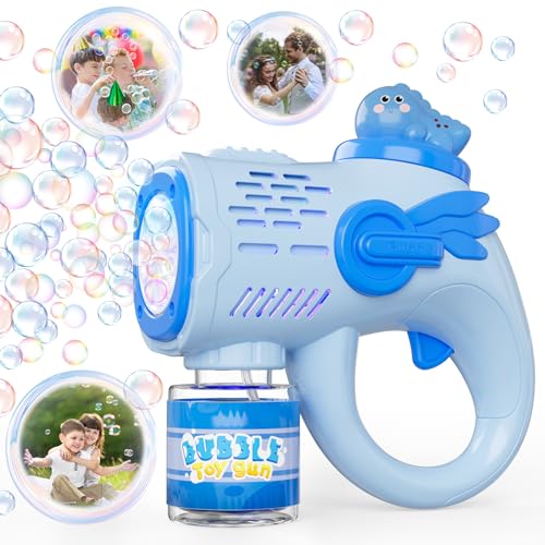 Dinosaurios Unicornio Pistola Burbujas LED+200ml Liquido Pompas de Jabon, Pistola de Burbujas para Niños, Maquina Burbujas Juguetes Niños 3 4 5 6 años, Regalos Cumpleaños Boda Juegos Exterior (Azul)