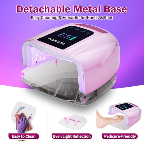 Image of PURTATO Professional Rechargeable 96W UV LED Portable Cordless UV Light for Nail Lamp Machine with Removable Stainless Steel Bottom,4 Timer Setting and Smart Sensor Nail Dryer (Plating Pink)
