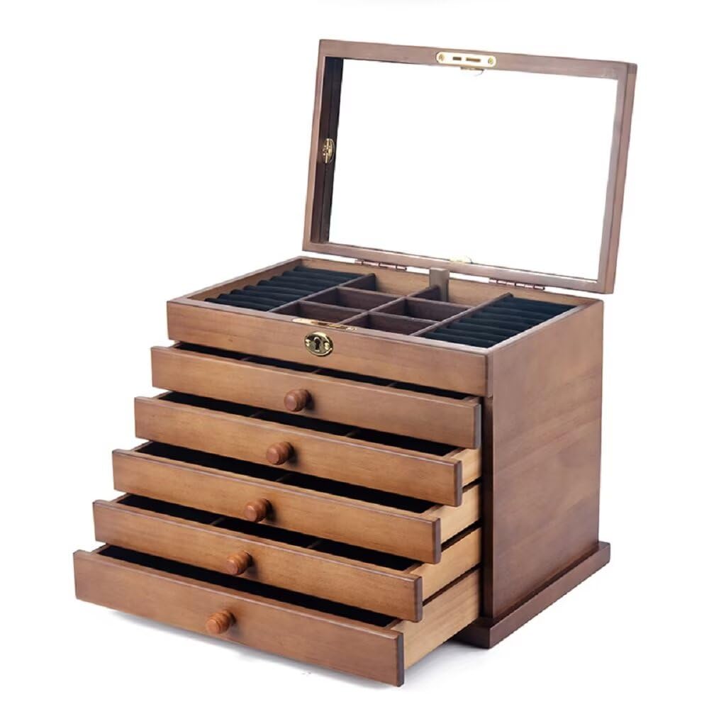 Organizador de joyas de madera de 6 capas con espejo, estuche de almacenamiento grande para collares, aretes, anillos y pulseras