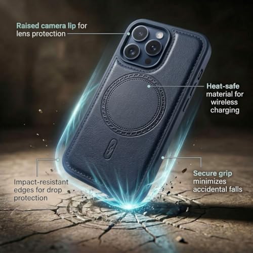Image of amazon basics Premium PU Leather Case for iPhone 15 Pro, MagSafe Compatible Magnetic Ring, Sleek Protective Back Cover - [Blue]