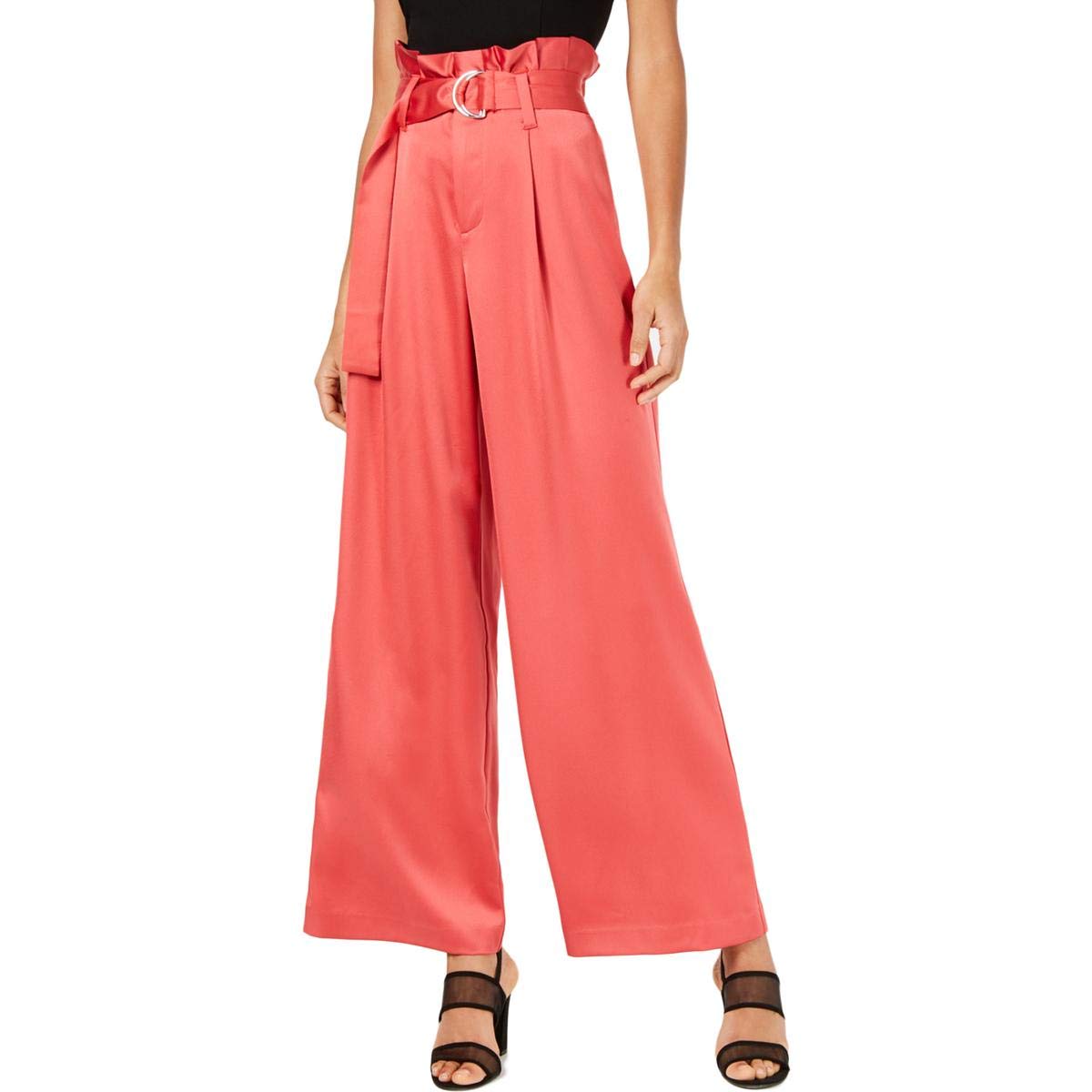 Bar III Womens Satin Pleated Wide Leg Pants Pink 0