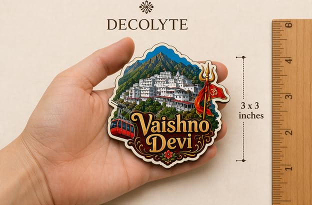 Image of Vaishno Devi Theme Wooden Fridge Magnet Souvenir | 3x3 in Kitchen Home Decor Gift