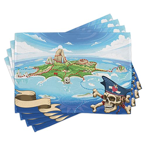 ABAKUHAUS Carte île Lot de Sets de Table en 4 pièces, Crâne Pirate Island, Tissu Lavable pour Salle à Manger et Cuisine, 30 cm x 45 cm, Multicolore