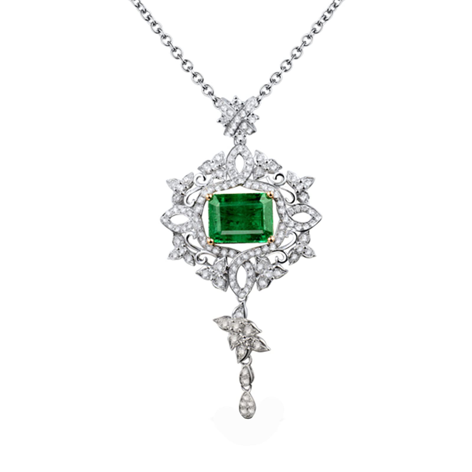 Collar con Colgante, Borla de Flores con Esmeralda creada en Laboratorio de 3 Quilates, Oro de 18 Quilates/Plata de Ley 925, Collares con Colgante para Mujeres y niñas, Regalo para el día de la