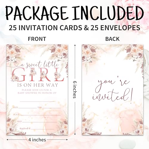 Hsupl Boho Floral Theme Baby Shower Invitation Set, Sweet Girl Is On Her Way, 25 Baby Shower Invitation Cards With Envelopes, Gender Reveal, Announcement Party Decoration & Supplies - A07 — view 2