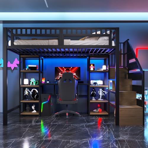 Moimhear Cama alta, marco de hierro, compartimento de almacenamiento, escalera con espacio de almacenamiento, escritorio, puerto USB incluido, sin colchón (negro, 140 x 200 cm)