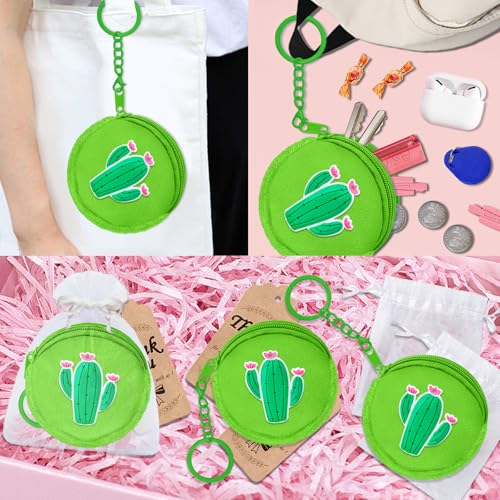 36 Pack Cactus Change Purses Set Include 12 Wallets with Keyring, 12 Thank You Tags and 12 Organza Bags for Cactus Tropical Mexican Western Desert Hawaiian Summer Party Decoration,Green3