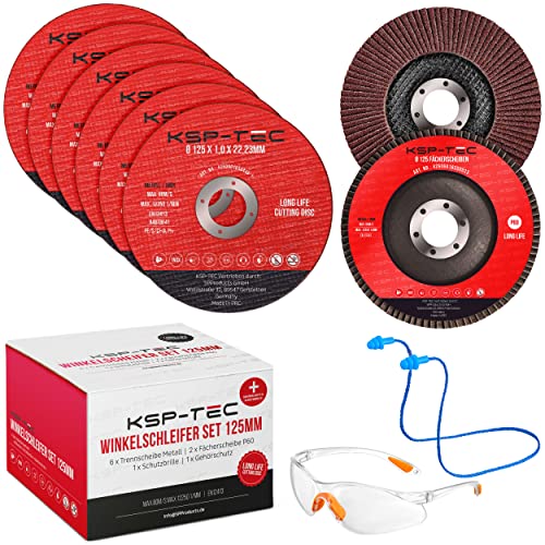 KSP-Tec® 6 discos de corte de 125 x 1,0 mm, con gafas protectoras y protección de oídos, 2 discos de compartimiento, para metal, acero, acero inoxidable, piedra para amoladora angular y Flex 125 mm Cover