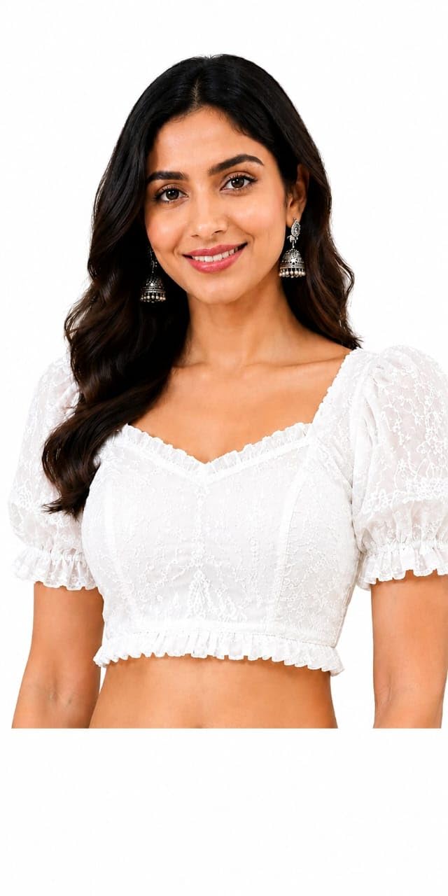 White Readymade Saree Blouse Sweetheart Neck Half Sleeves-picture-54