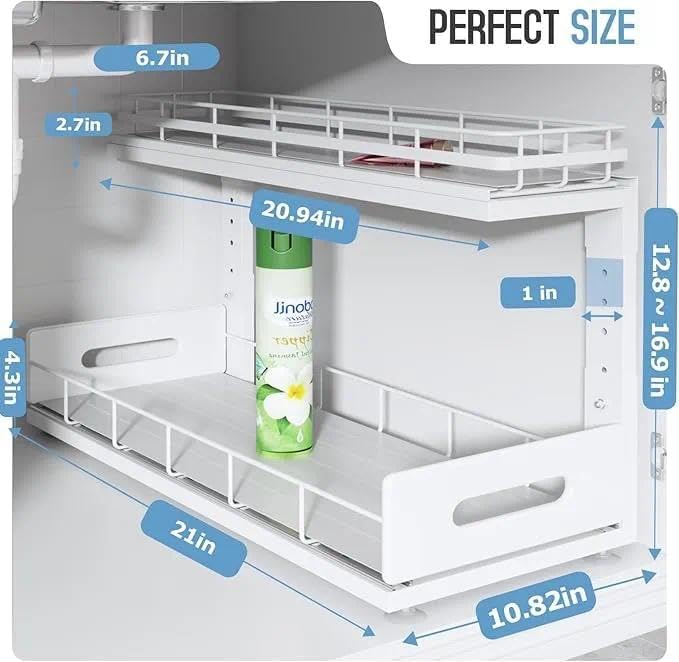 under sink organizer upgrade to professional rails,2-tier dual pull out cabinet storage,height adjustable slide out drawers for bathroom kitchen,1 pack-21"dx12.8"-16.9"h,white 1 pack-21"dx12.8"-16.9"h white