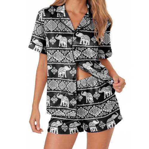 Image of Women's satin pajamas set, Short-sleeve button down Loungewear | Exclusive print on soft satin fabric; breathable comfort for sleep or lounge; button front top, elastic shorts; easy care