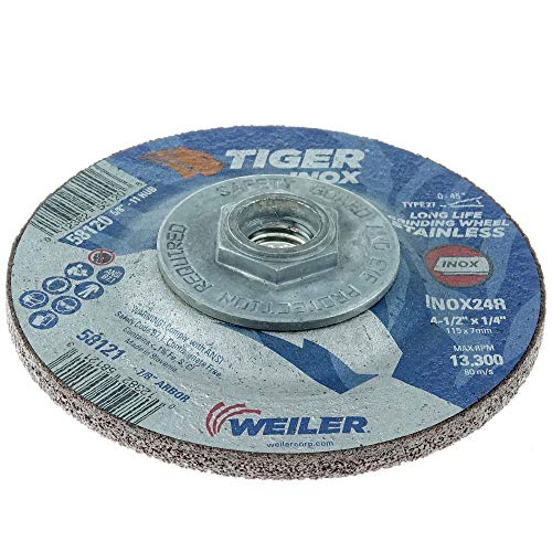 Image of Weiler 58120 4-1 /2 inch x 1 /4 inch Tiger INOX Type 27 Grinding Wheel, INOX24R, 5 /8 inch-11 inch UNC Nut (Pack of 10)