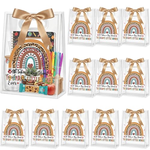 Henoyso 12 Pcs Teacher Appreciation Gift Bags with Handles Clear Plastic Tote with Ribbon Rainbow Thank You Gift Wrap Bag for Preschool Daycare Teacher Appreciation Week End of School Year