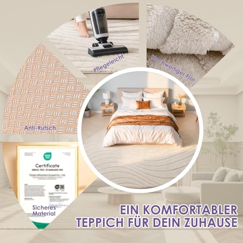 ROHATIM Runder Teppich Beige Ø 80 cm mit Relief-Struktur Wellen, Weicher Soft-Flanell, rutschfest, Waschbar & Faltbar, Deko-Akzent für Kinderzimmer & Leseecke