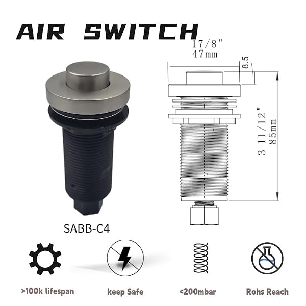 SABB Sink Top Waste Disposal Switch Kit - Full Brass Push Button Air Switch for Garbage Disposal, Raised Actuator Button, Easy Install On/Off Control with Adapter (47mm) (Brushed Nickel) by Generic - Image 2