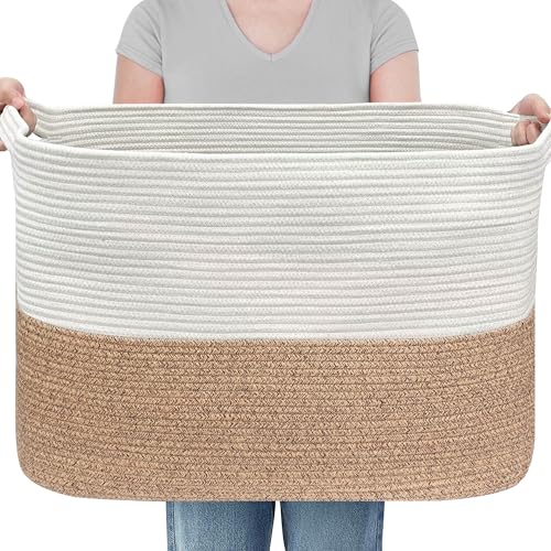 MEGASKET 108L Super Large Blanket Basket, 25" x 16" x 16" Woven Jumbo Basket for Blankets, Toys, Laundry, Extra Large Cotton Rope Pillow Holder Organizer, Entryway Shoes Bin, Living Room Storage