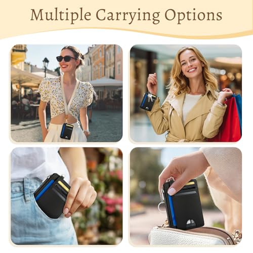 Image of Black Minimalist Credit Card Holder Small Wallet Women, Business Slim RFID | Keychain, Zipper Coin Pocket, Front Pocket Thin Travel Card Case, Minimalist, 6 Card Slots, 1 ID Window, Ladies Gifts Woman