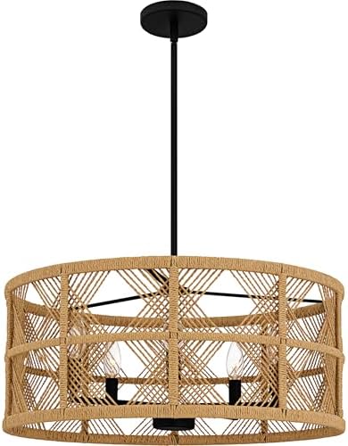 Quoizel Axford Pendant Light Fixture, 22 Inch 5-Light 60W Matte Black Hanging Light with Natural Rope Shade for Hallway, Kitchen, Bedroom, Living Room or Office