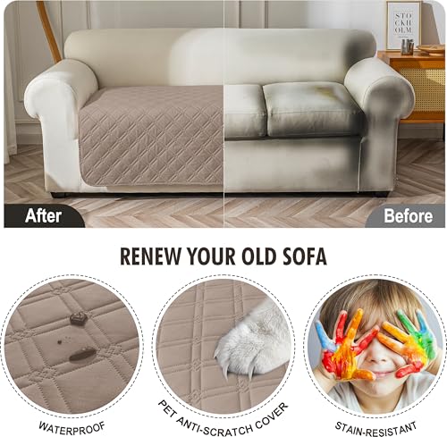 Image of Genina Waterproof Couch Cover,Washable Anti-Slip 78inch Sofa Covers with 3 Cushions,Sectional Couch Covers for Pets Friendly, Sofa Slipcovers for Dogs Cats(78inch /Taupe)