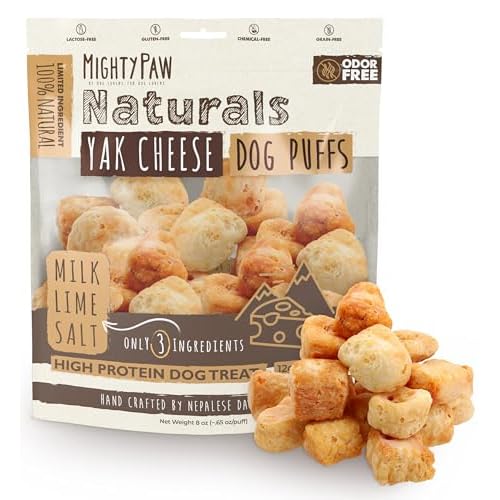 Mighty Paw Yak Cheese Puffs for Dogs - Crunchy All-Natural Pet Treats - Odorless Limited-Ingredient Chews for Puppies & Power-Chewers - Rich in Protein and Calcium - Easy to Chew (8 oz.) Cru