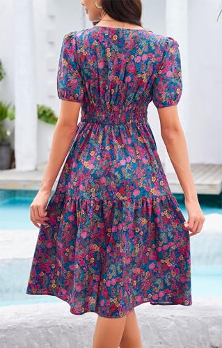 Image of Kormei Women Summer Casual Boho Floral Round Neck Short Sleeve Smocked Waist Tiered Flowy Swing Midi Dress